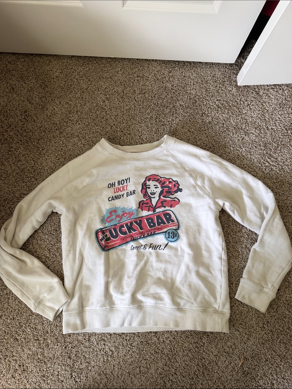 Lucky Brand Cream Graphic Sweatshirt with Retro Lucky Bar Print
